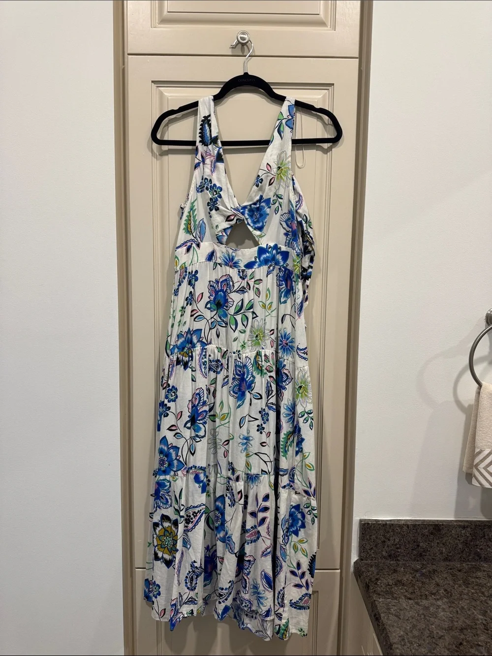 White Floral Maxi Dress with Blue Flower Print - Picture 1 of 2